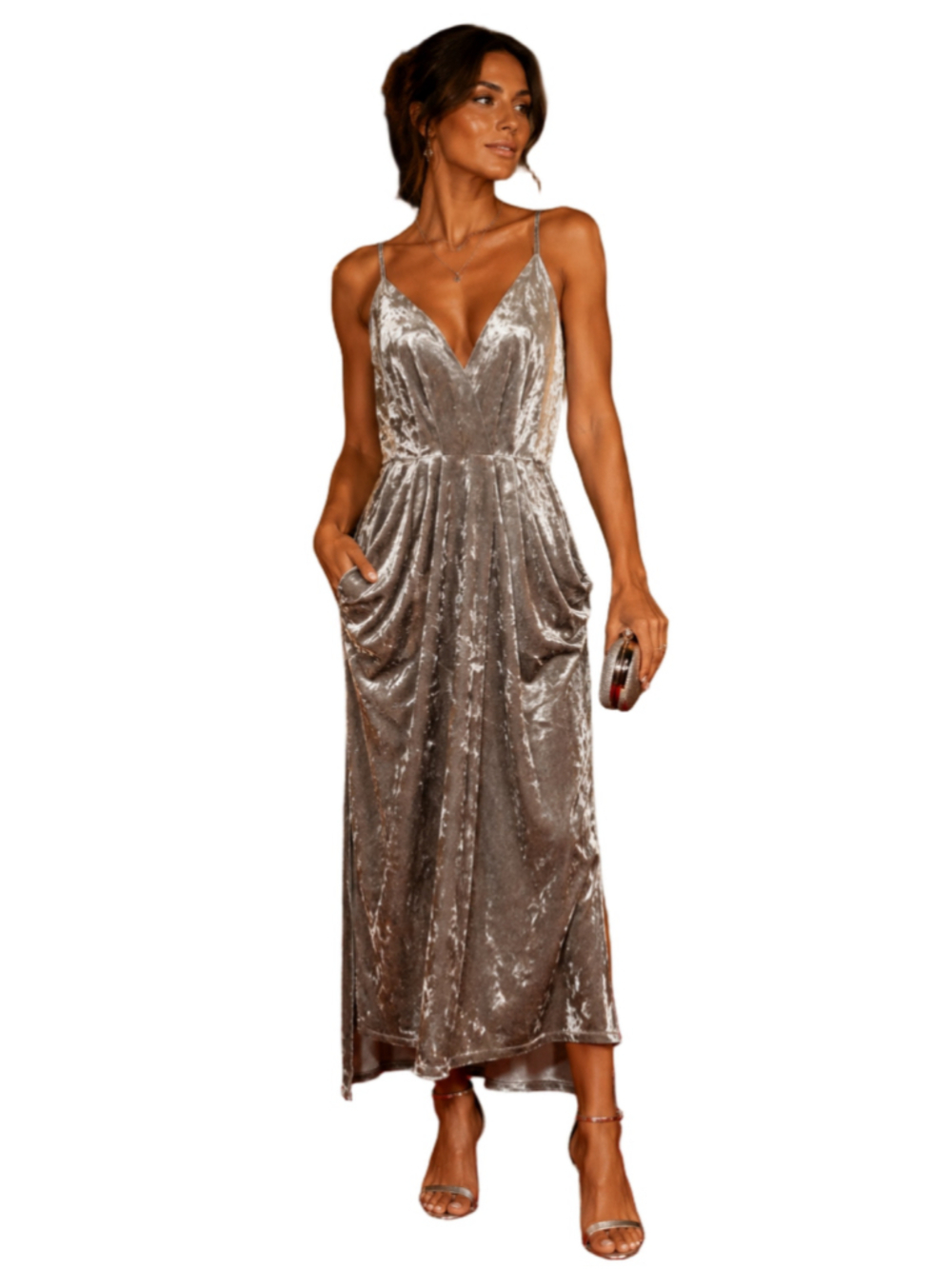 BCBGeneration Gray Crushed Velvet Low V-Neck Grecian Tulip Midi Dress M